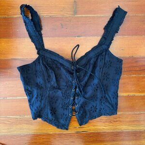 100% Cotton Coquette Corset Eyelet Lace Black Sleeveless Top Urban Outfitters XL